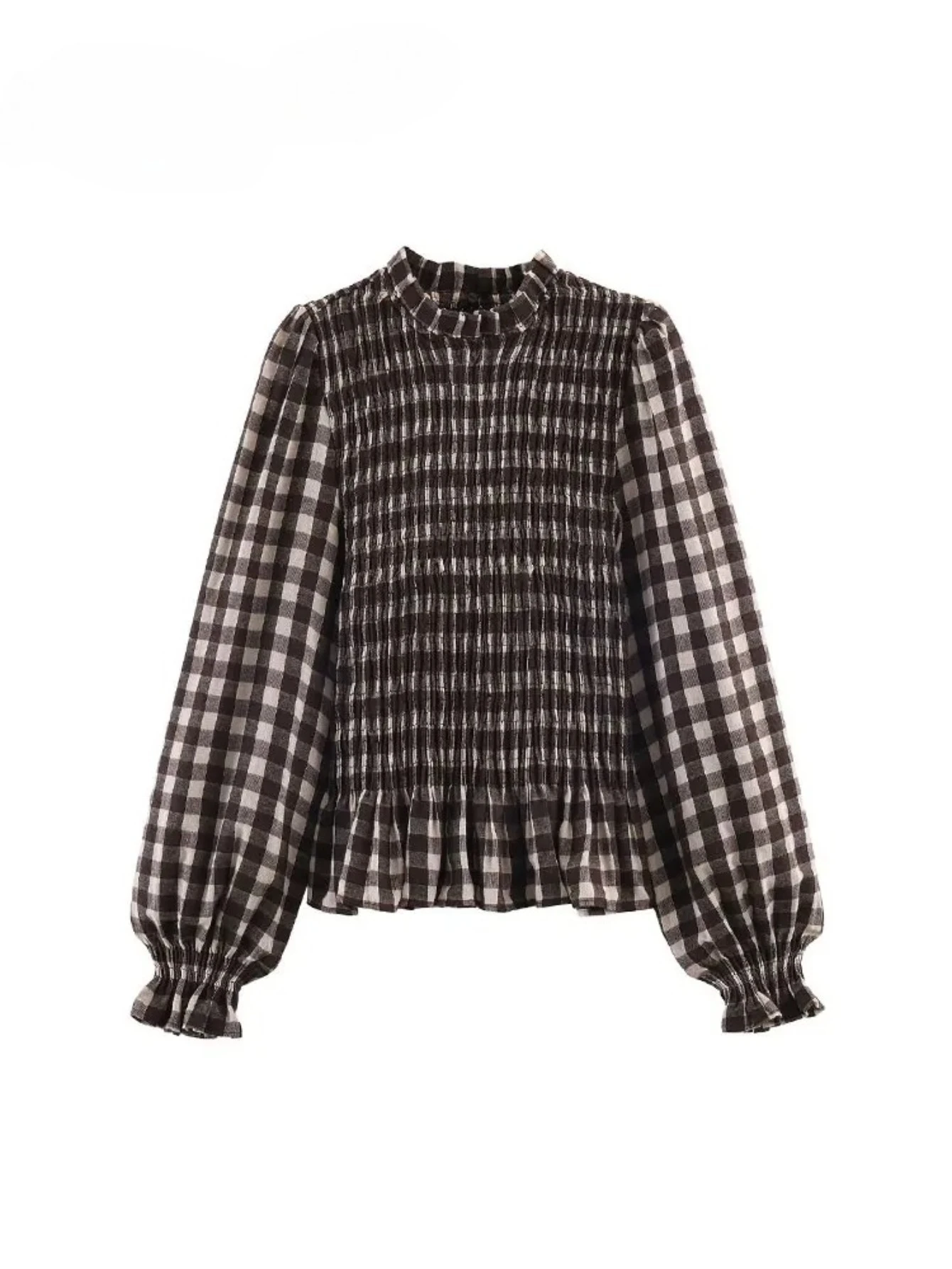 

Винтажные шикарные коричневые рубашки в клетку 2025 года для женщин: модные повседневные элегантные блузки с длинным рукавом и складками