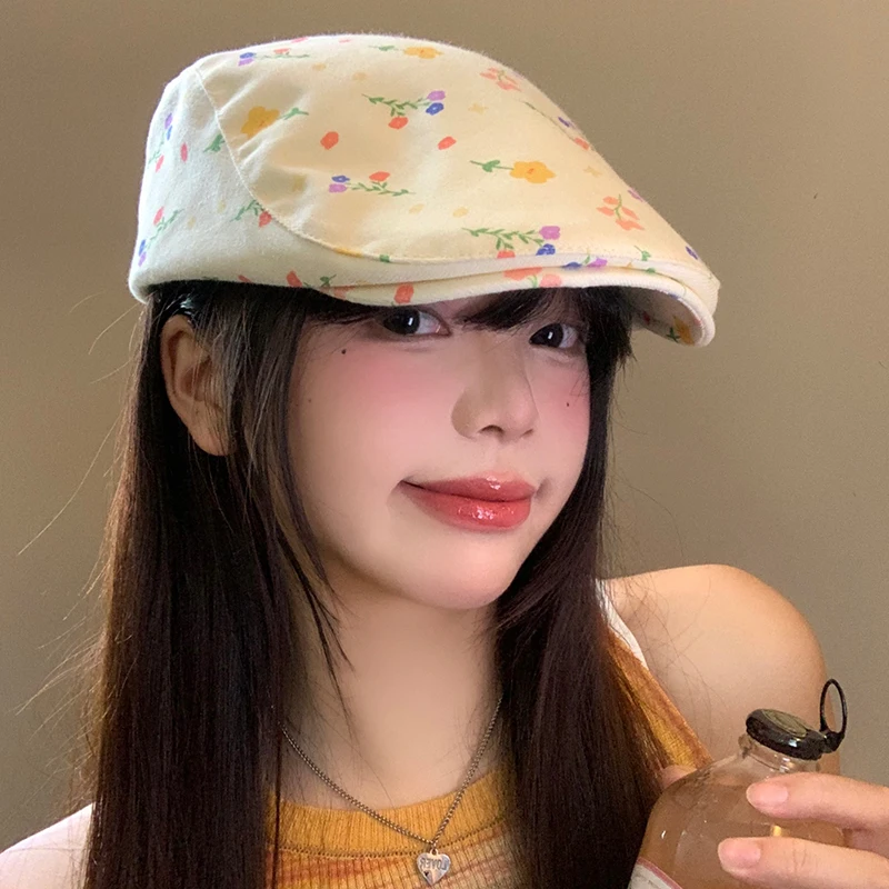 

Korean Version Cute Fresh Floral Berets for Women Spring and Summer Travel Versatile Sunscreen Show Face Small Sweet Painter Hat