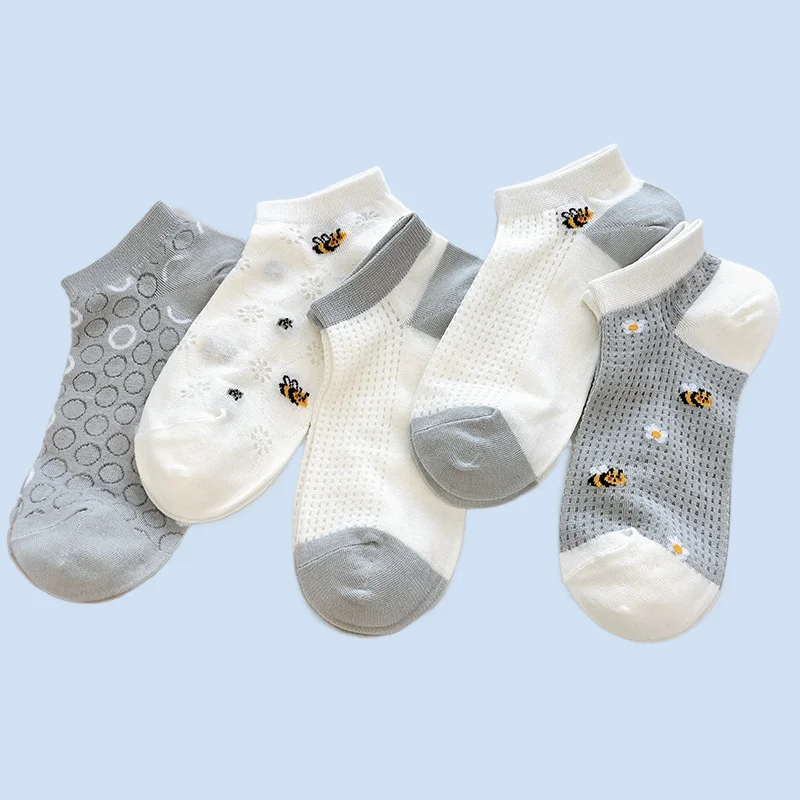 

5/10 Pairs Summer Thin Short Socks Japanese Simple Student Socks Little Bee Embroidered Mesh Breathable Socks Boat Socks