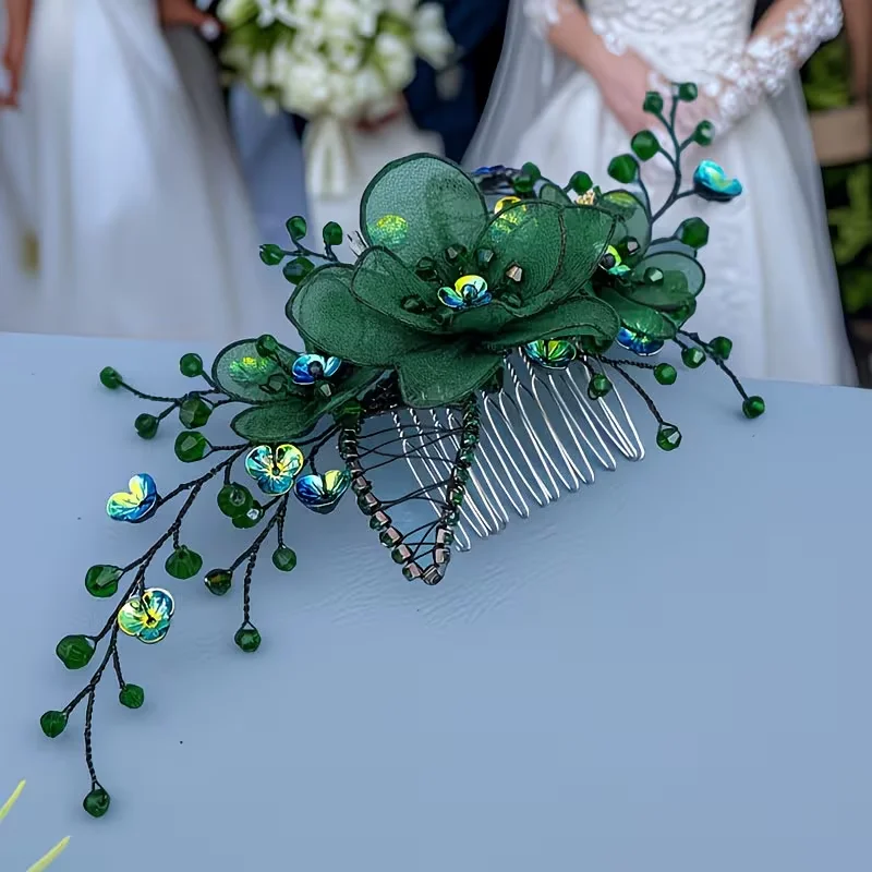 Handcrafted Emerald Organza Flower & Butterfly Hair Clip image 6