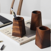 Walnut Geometric Lines Desktop Storage Pen Holders Large Capacity Pen Holder Box Nordic Style Business Pencil Organizer