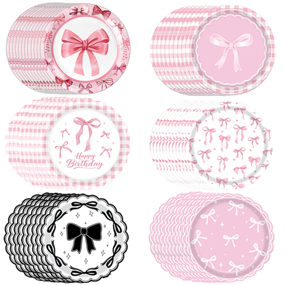 10-100 Uds. De lazos desechables con temática de lazo rosa y negro, platos de fiesta de 9 "y 7", decoración para fiesta de boda y cumpleaños para niñas, Baby Shower