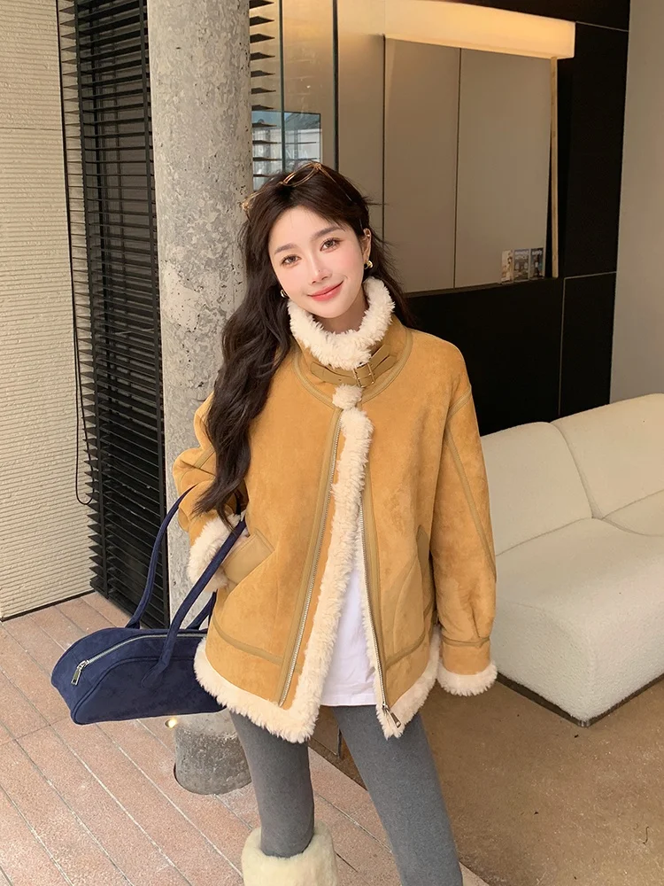 

Women's Faux Fur Jaet eepskin Coat Motorcycle Sle Slimming Design Comfortable Warmth Decorative Youthful Faion