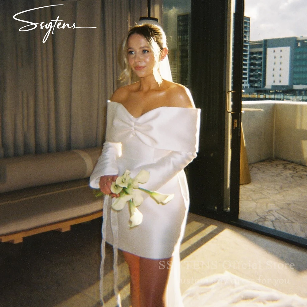 

SSYTENS Modern Short Wedding Dress Women 2026 Long Sleeve Off The Shoulder Pleat Satin Bridal Gown Vestidos De Noiva Customized