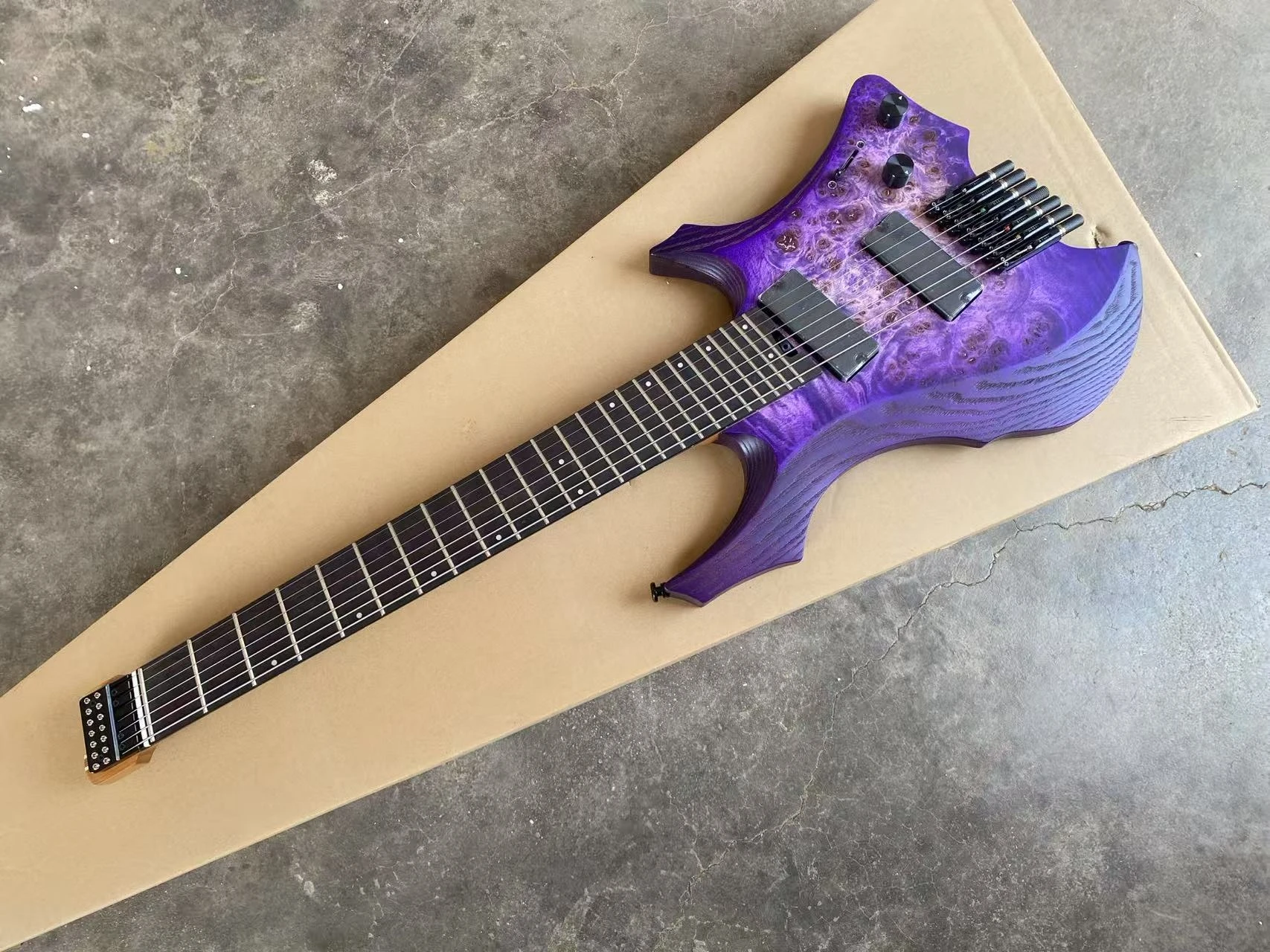 7 String Purple Headless Electric Guitar Ash Body Burl Maple Top Fanned Frets, Active Pickups, 9 Piece Roasted Maple Neck