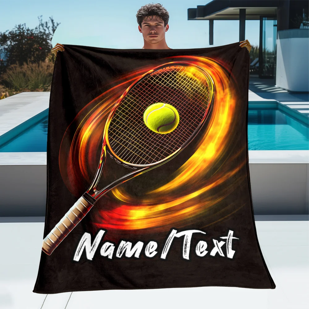Custom Tennis Blanket Flaming Racket Ball Sports Design Personalized Name Fleece Throw All Season Soft Warm Bedding Home Decor
