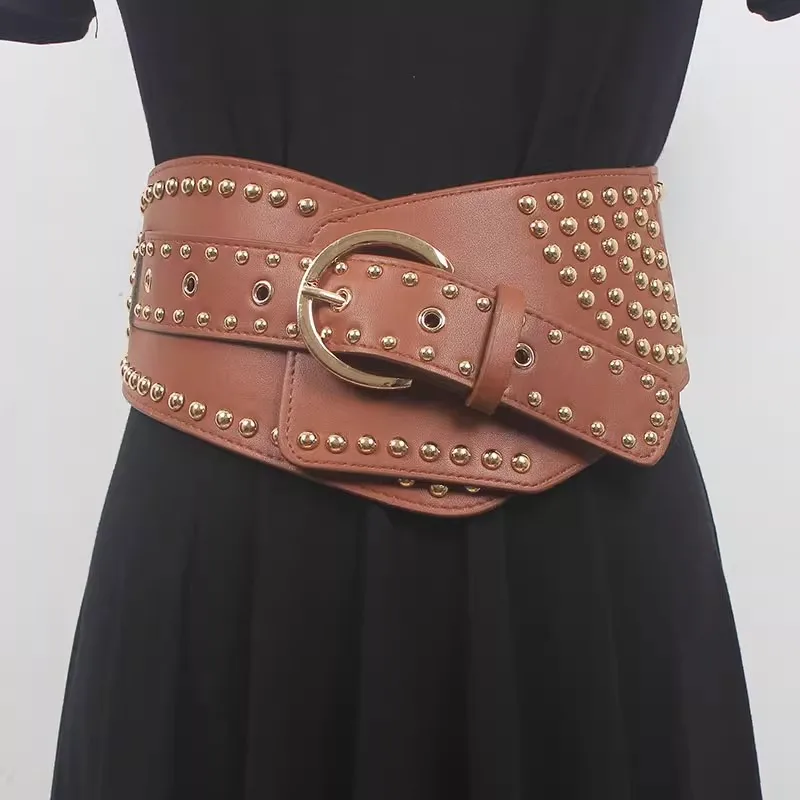 

Women's Runway Fashion Rivet PU Leather Elastic Cummerbunds Female Dress Corsets Waistband Belts Decoration Wide Belt R1664