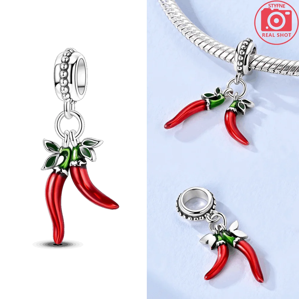 Dijes originales chapados en plata de ley 925, colgantes creativos de pimiento rojo, pulseras aptas para mujer, fabricación de joyas, regalos finos
