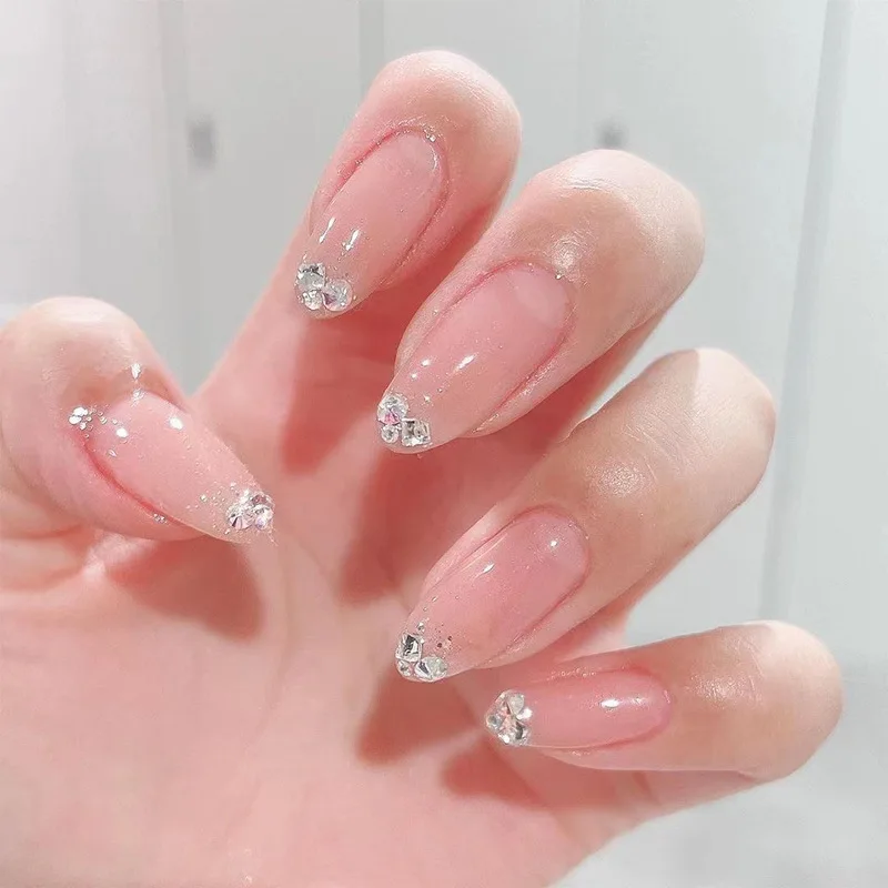 24 unids/set vino rojo almendra uñas postizas arte chica fresca con diamantes 3D usando uñas postizas prensa en uñas uñas postizas francesas simples