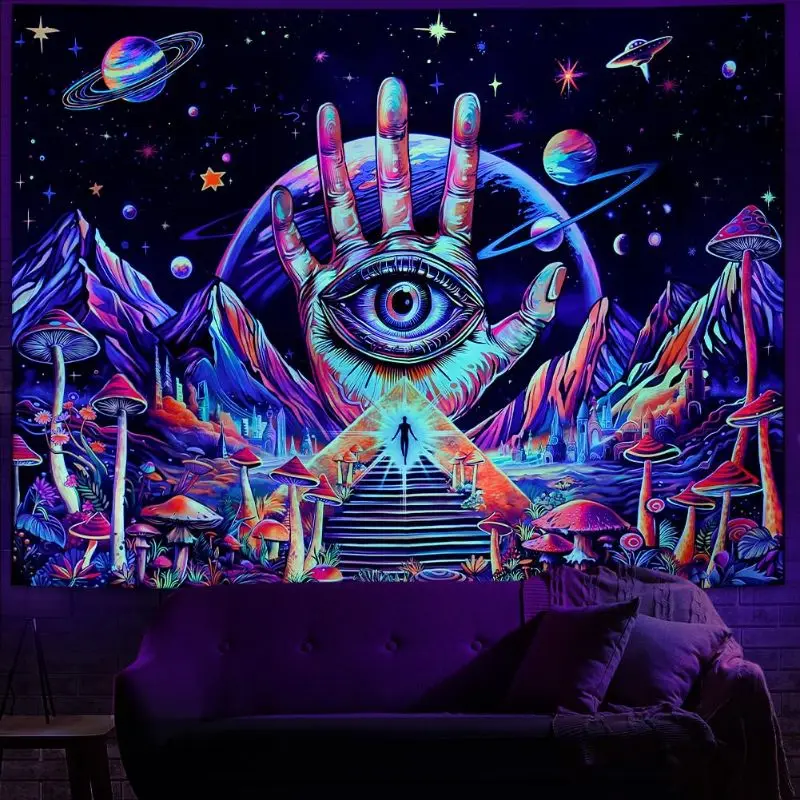 VIKAMA Psychedelic All Seeing Eye Hand Mushroom Galaxy Wall Tapestry Purple Neon Cosmic Planet Mountain Pyramid Fluorescent Soft