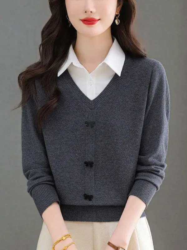 

Faionable Spliced Knitted irt Collar Sweater Women's Spring Autumn Soft Modal Camere Blend Commute Sle Knitwear