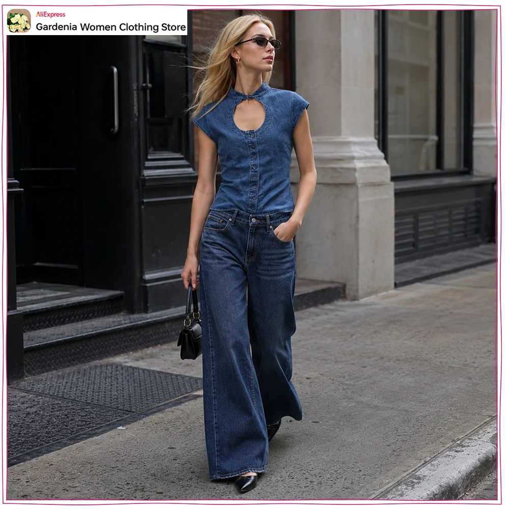 Women's Denim Pant Sets Cowgirls 2 Piece Sets High Neck Short Sleeves Denim Button-up Top Matching Mid-rise Pleated Belted Jeans