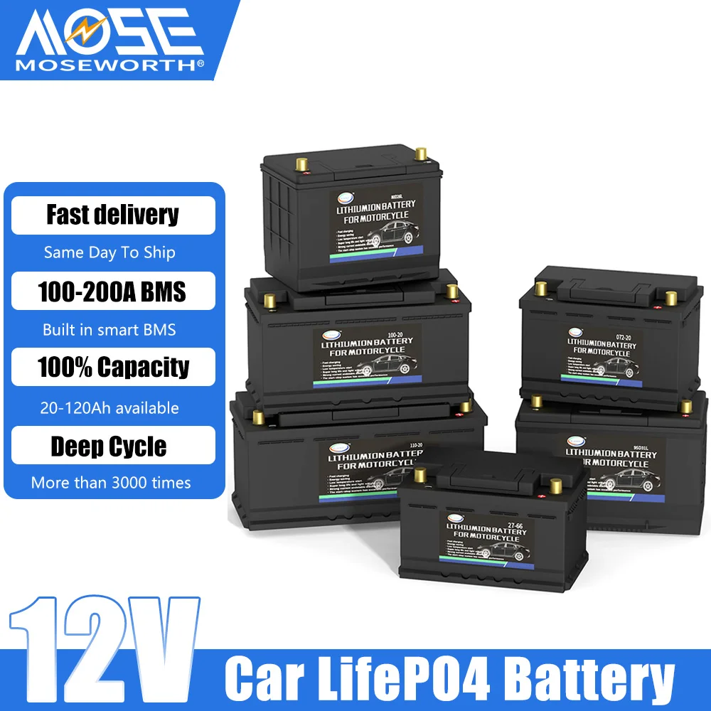 12V Car Battery LiFePO4 Lithium Iron Phosphate Automotive Battery Jump Starter Rechargeable Portable for Auto Tractor Caravan