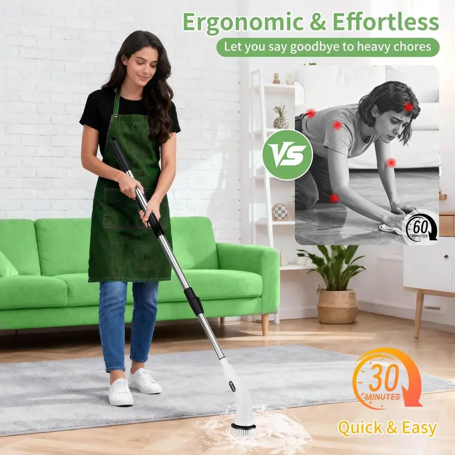 Вращающийся скруббер, бытовая щетка для чистки с 8 головками, выдвижной стержень для ванной комнаты 51,2 дюйма для стойкого смазки на гриле, плита