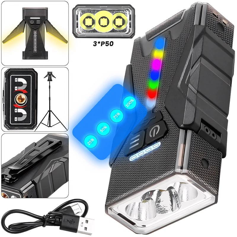 Tactical Flashlight with RGB & Side Lamp, Zoomable High Lumens, Magnetic Base & Clip for Outdoor Camping Hiking