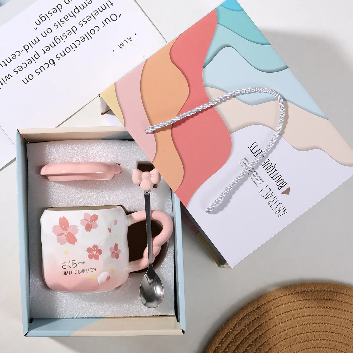 Cream Cherry Blossom Ceramic Mug with Gift Box, Cute Chubby Cups, Office Flower Coffee Mugs with Lid Spoon, Christmas Gift Cup