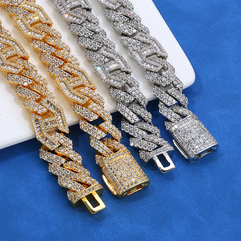 

Hip Hop Necklace Men Rectangle 5A CZ Stone Bling Iced Out Prong Cuban Link Chain Necklace for Women Men gift