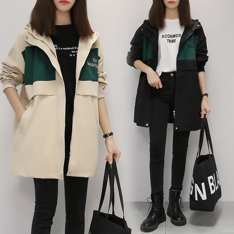

Casual Hooded Windbreaker Coat Women's Clothing Large Size Letter Embroidery Outerwear Spring Autumn Long Trench Coats bd86