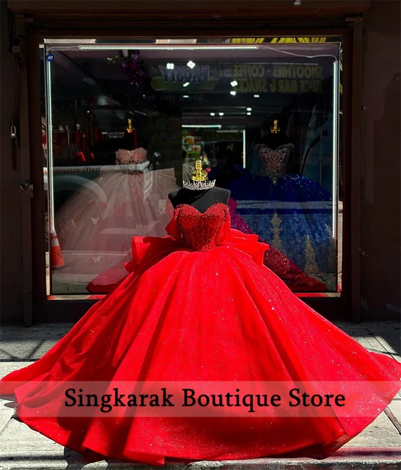 Red Quinceanera Dresses With Bow Sweet 16 Dress Appliques Crystal Pearls Beads Birthday Party Gowns Vestido De 15 Ball Gown