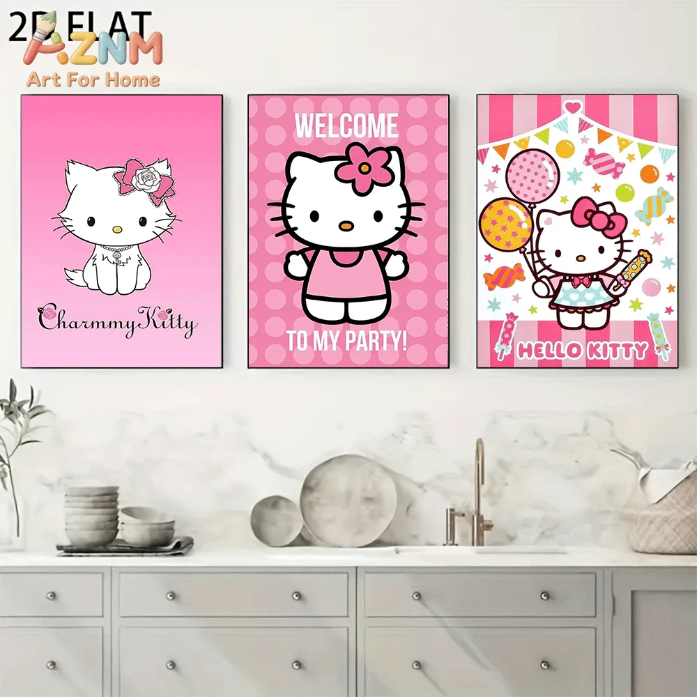AZNM Sanrio Hello Kitty Canvas Wall Art Unframed Cute Cartoon Pink Party Balloon Candy Charmmy Kitty Theme Print Painting Girls