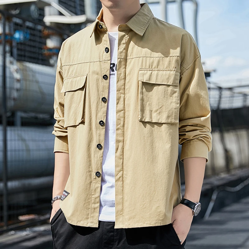 Spring Men's Shirt Retro Solid Color Outdoor Sports Mountaineering Lapel Cardigan Long Sleeved Minimalist Street Men's Clothing