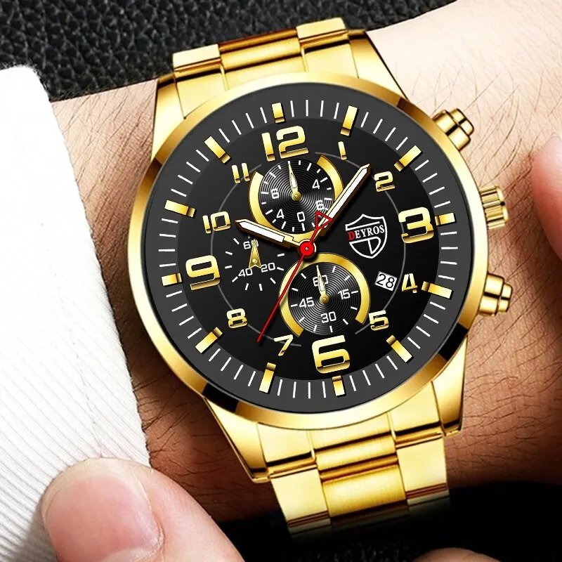 3PCS Fashion Mens Gold Necklace Bracelet Watches Set Men Business Casual Stainless Steel Quartz Watch Male Calendar Wristwatch