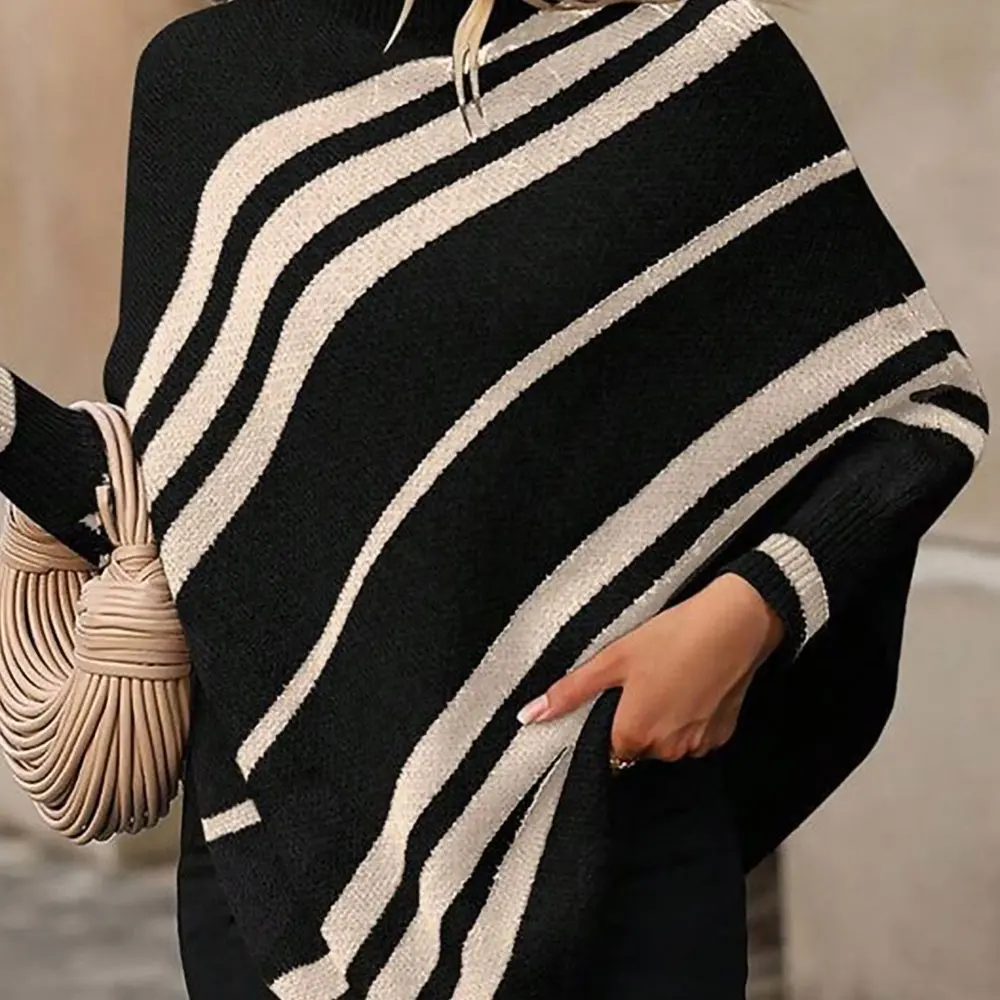 Losgebreide trui met vleermuismouwen, halfhoge kraag en sjaalkraag, kleurblokontwerp, damesmode bovenkleding