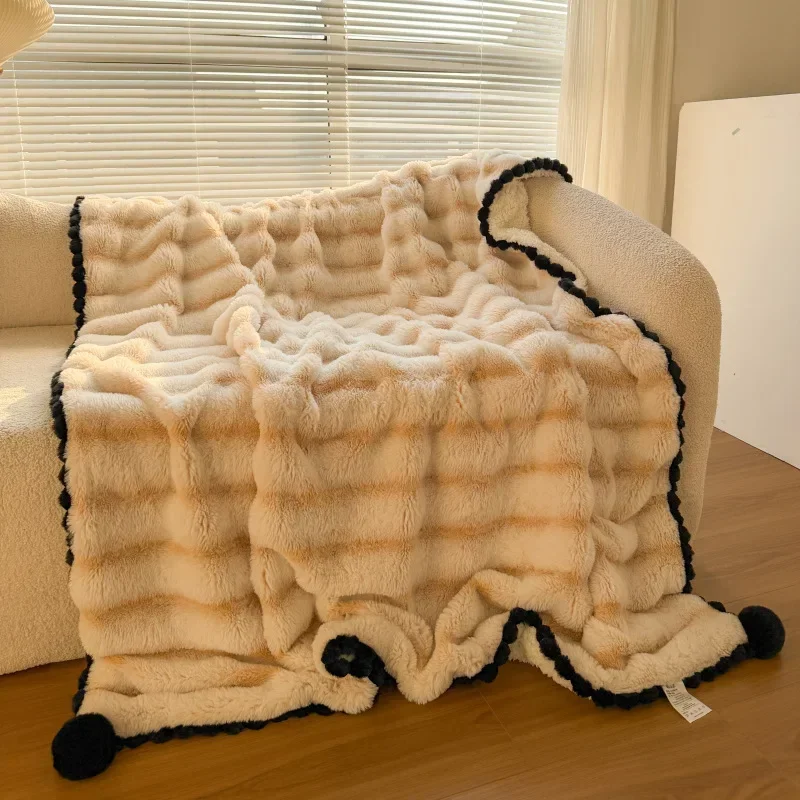 Striped Wool Ball Edging Blanket Double-sided Usable Sofa Leisure Decoration Blanket Bedroom Bedding Stacking Homestay Arrange