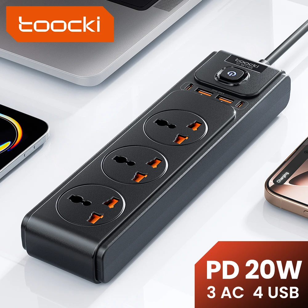 Toocki Universal AC Outlet Power Strip 2M Extension Power Cord Electrical Socket for TV Laptop PD 20W Fast Charging USB C Port