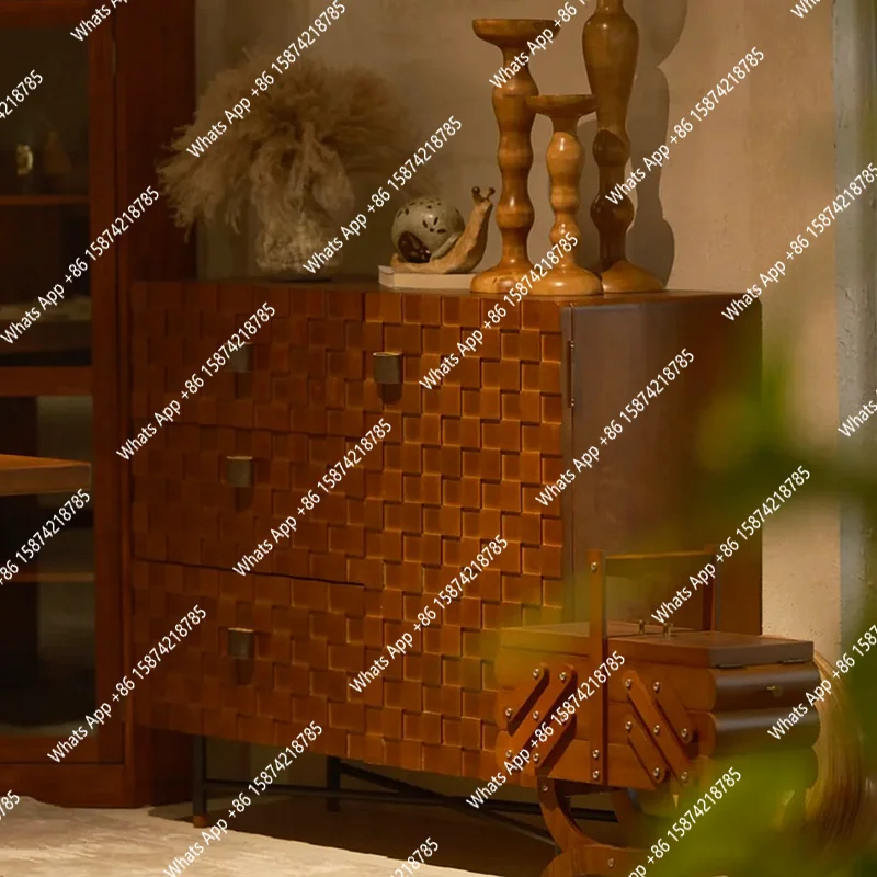 

Medieval solid wood dining side cabinet retro square grid engraved storage locker bucket cabinet multi-functional side cabinet