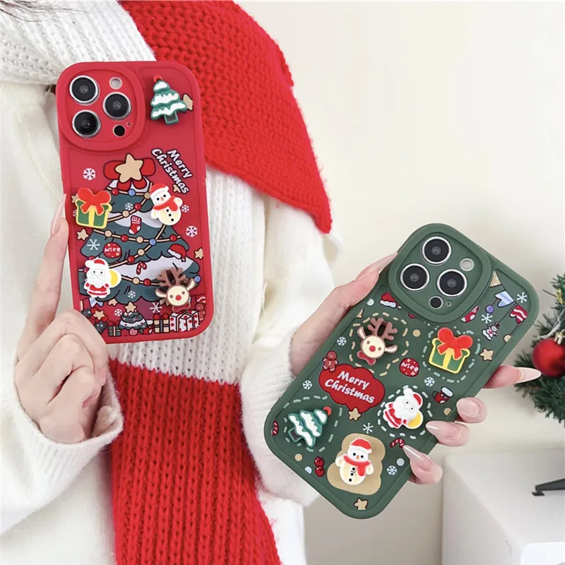 Ottwn 3D Cartoon Elk Santa Claus Tree Christmas Phone Case For iPhone 13 11 12 Pro Max 13 14 Plus X XR XS 7 8 Plus SE 2020 Cover