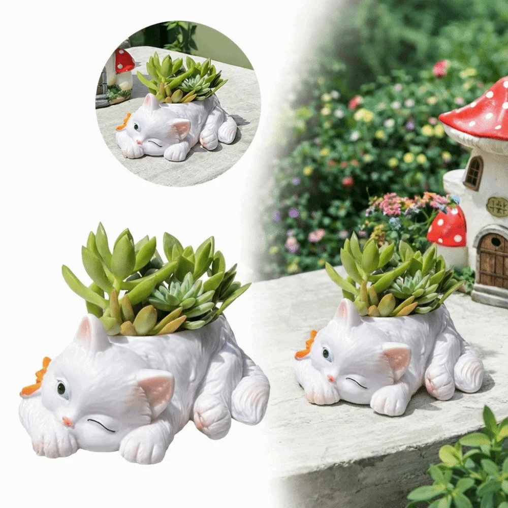 Ornament Resin Cat Succulent Flowerpot Creative Multifunction Garden Potted Cartoon Cat Decorative Planter Living Room