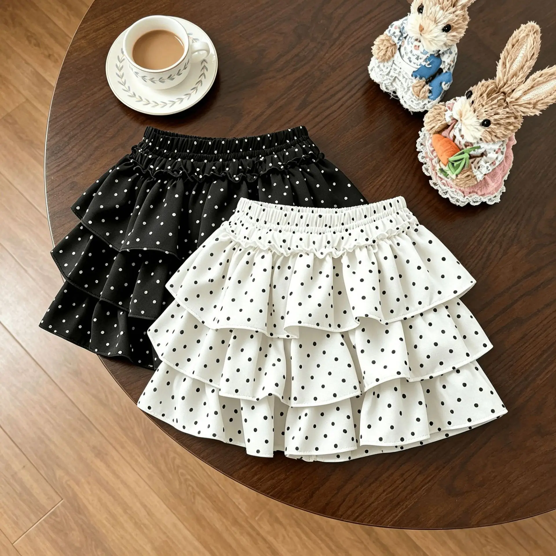 Girls Half Body Fluffy Cake Skirt 2026 Summer Girls Dance Pleated Cake Black and White Fluffy Skirt Polka Dots