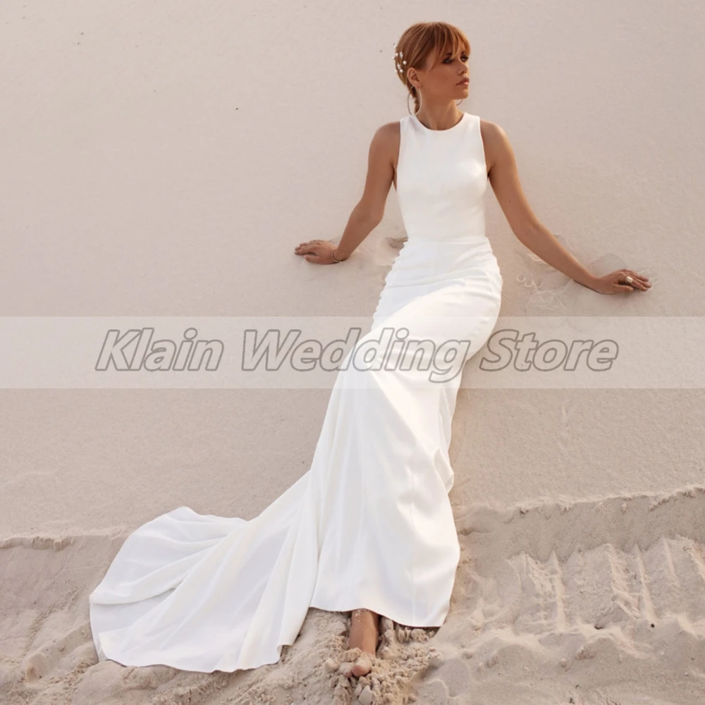 Weilinsha O Neck abito da sposa a sirena per il 2023 spose Simple Jersey Criss Cross Back senza maniche abiti da sposa con Sweep Train