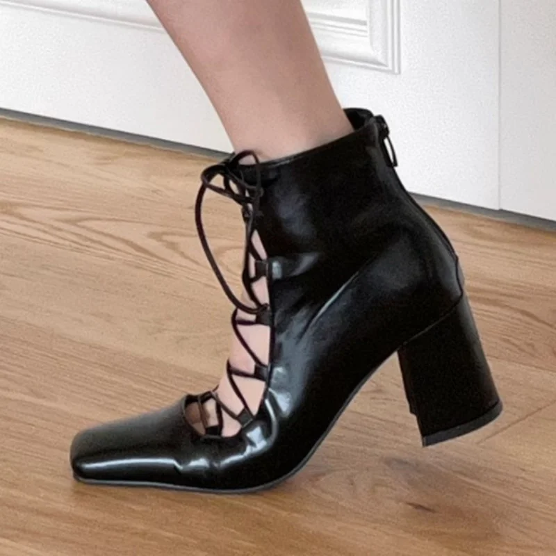 

Thick High Heel Roman Hollow Short Boots for Women Black White Leather Cross Strap Square Toe Ankle Boots Women's Trendy ﻿