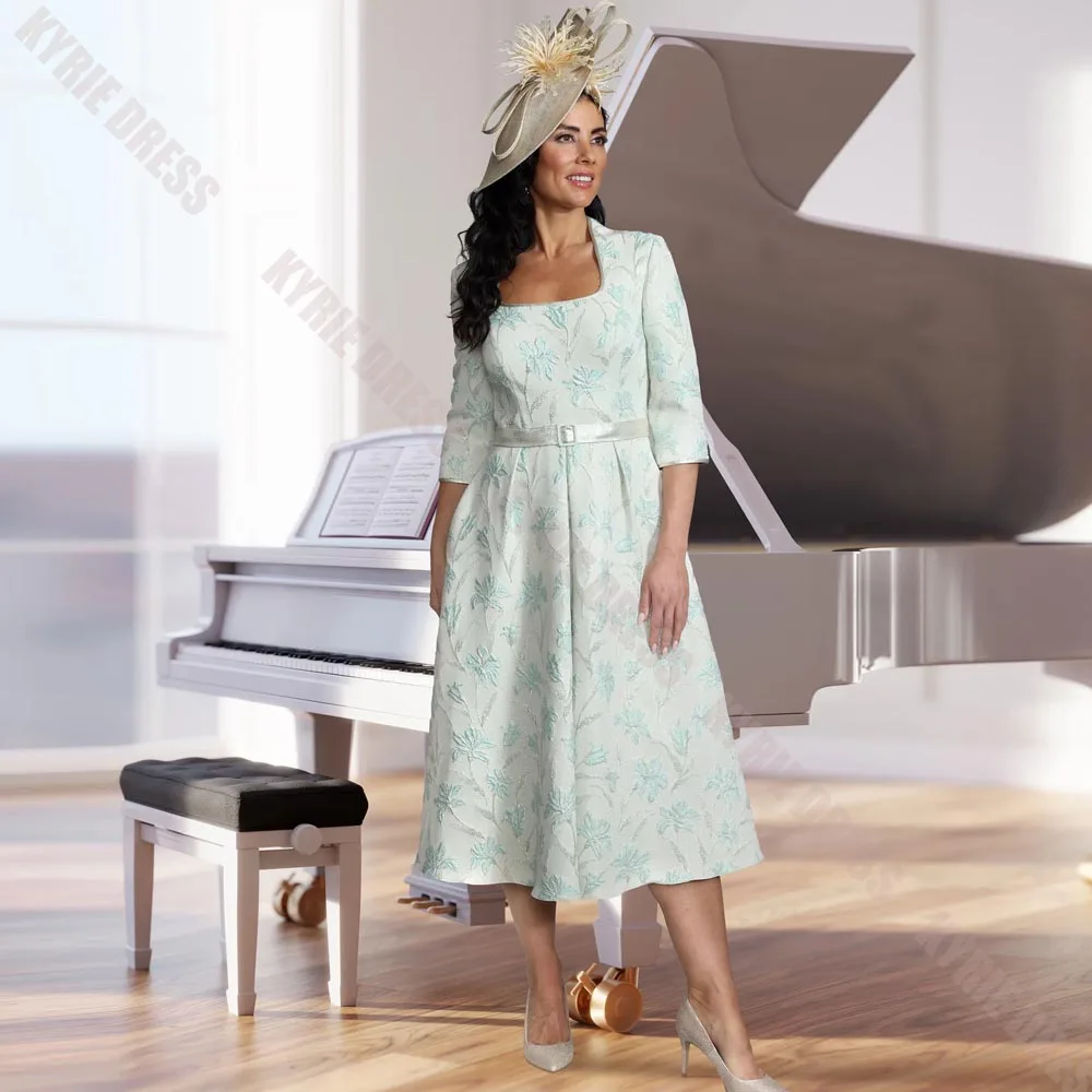 Charming Mother of The Bride Dresses Customized Square Nec 3/4 Sleeves Floral Print Women Wedding Guest Gown Party Evening Dress