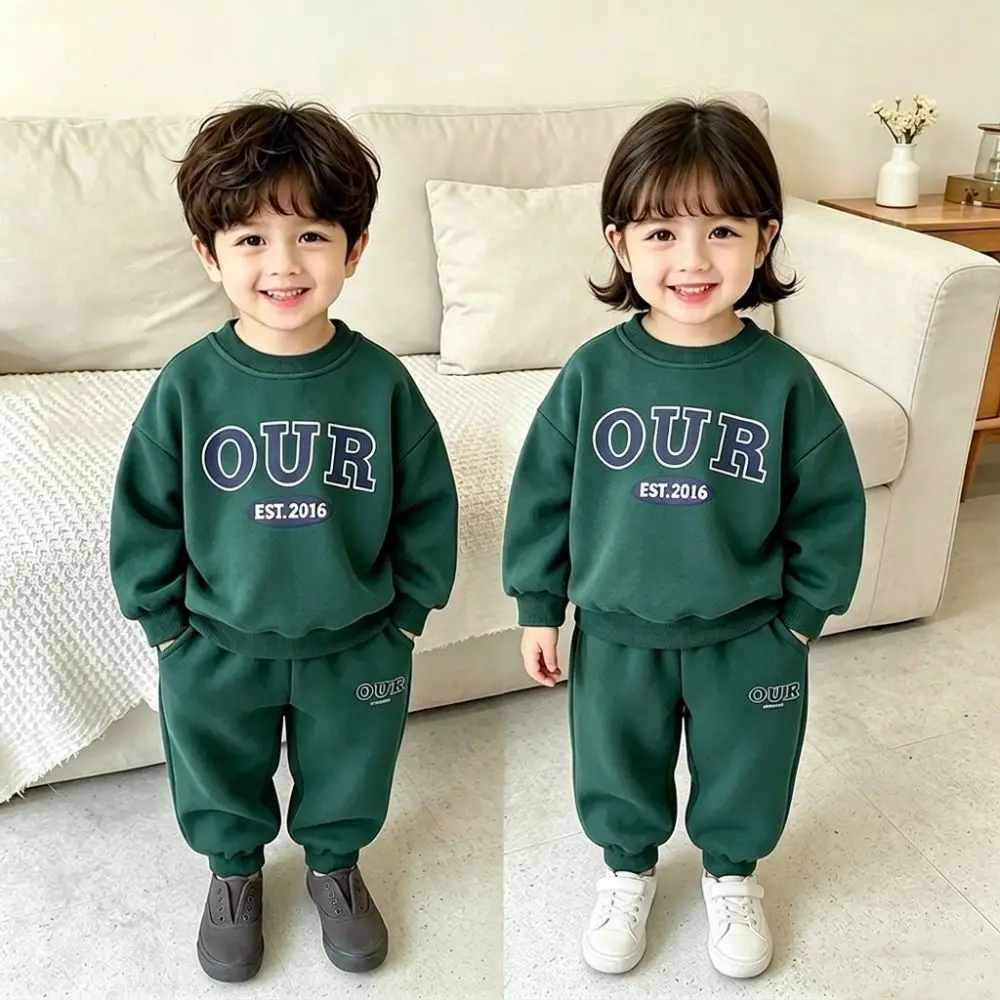 New Fleece Lined Kids Two Piece Set Warm Thickened Children Pants Set Elastic Waist Children Clothing Set School Wear