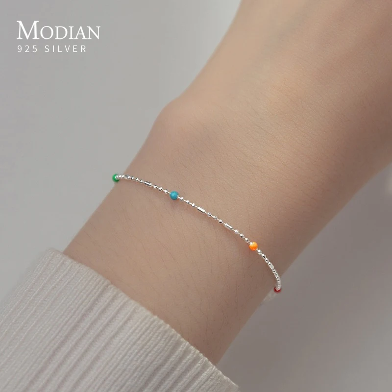 Modian Authentic 925 Sterling Silver Rainbow Color Fashion Bracelet Thin Bead Chain Bracelet For Women Fine Female Jewelry