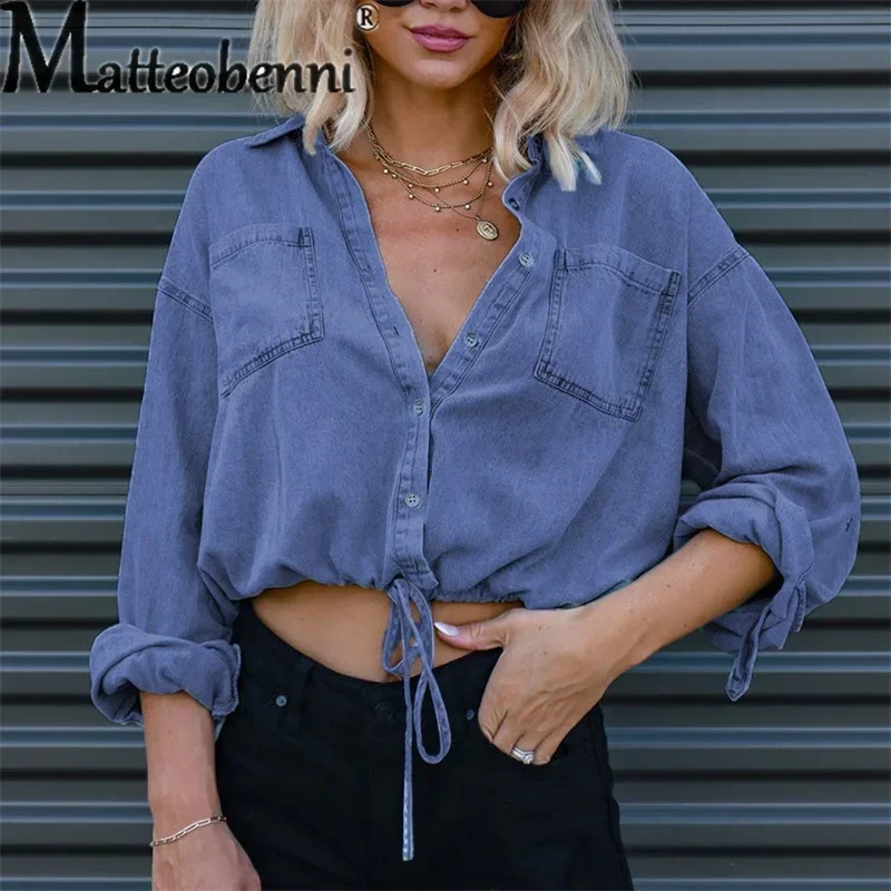 Spring Autumn Casual Thin Section Cardigan Denim Shirt Women\'s Versatile Basic Loose Blouse Female Splicing Pocket Lace-up Tops