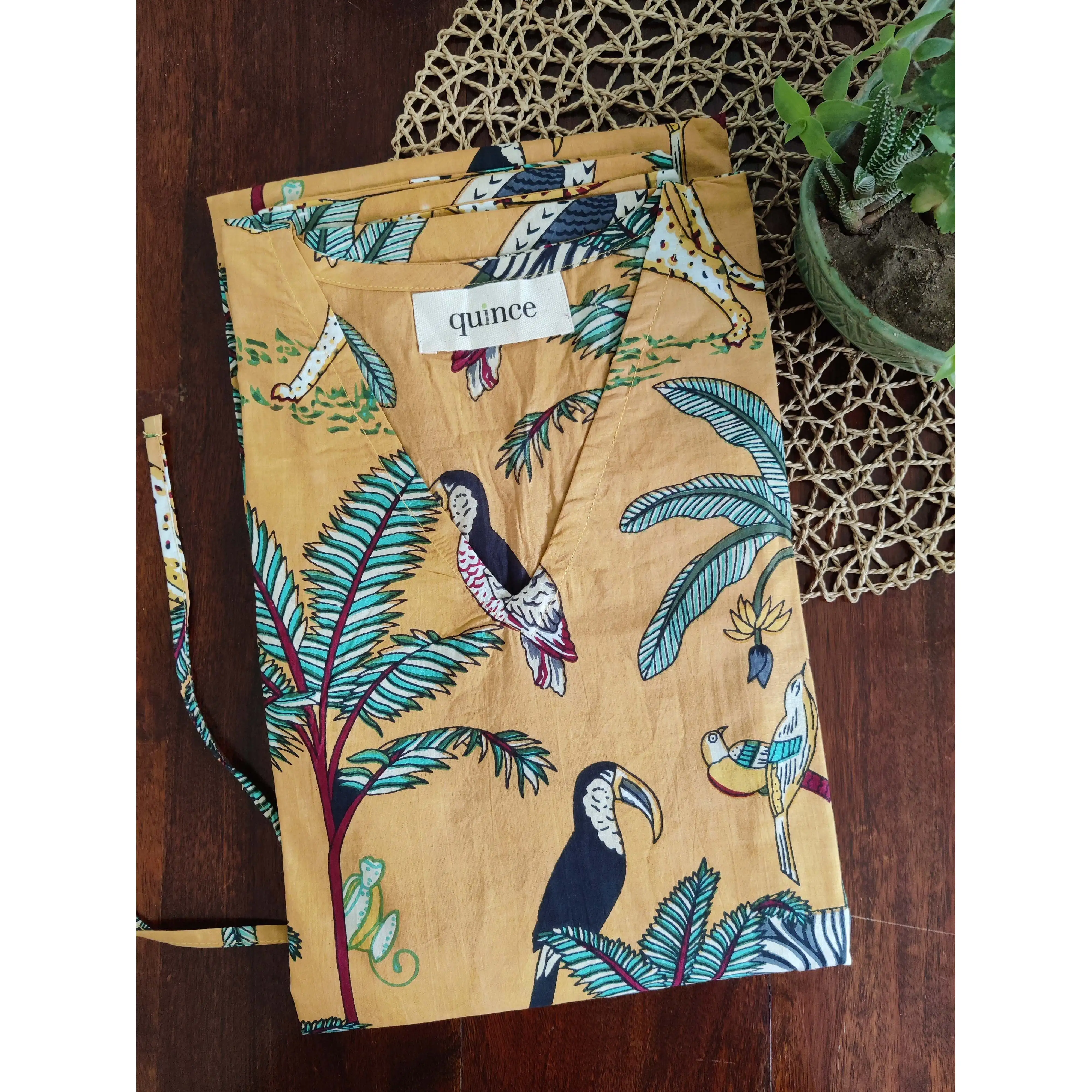 Jungle Joy Woman's Kaftan Elegant Custom Design Mustard One Size Sleeveless V-neck Tropical Breathable Loose Leisure Day Clothes