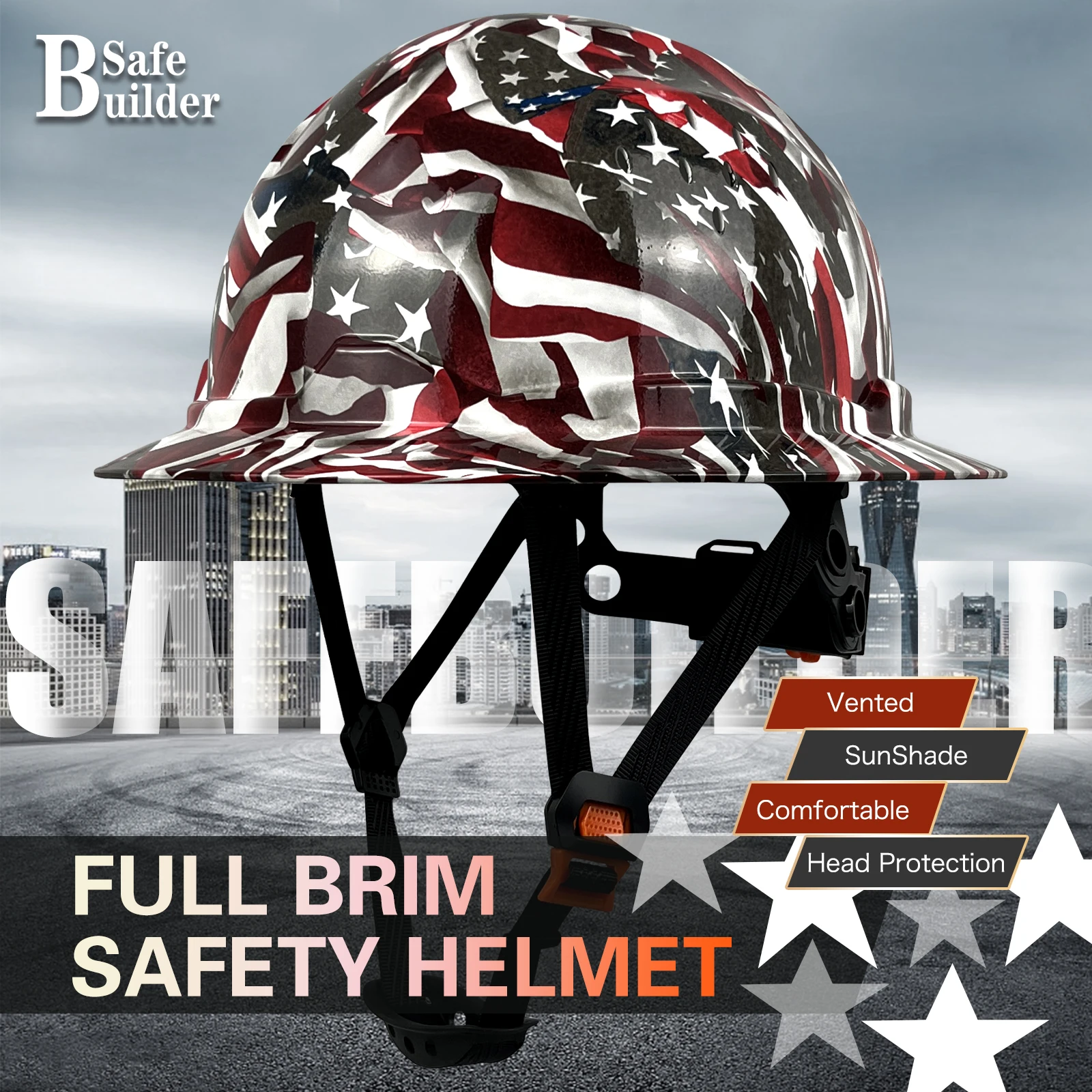 G1C  Full Brim Hard Hat HDPE Safety Helmet 6 Point Adjustable Sunshield Construction Work Cap ANSI Approved for Engineers
