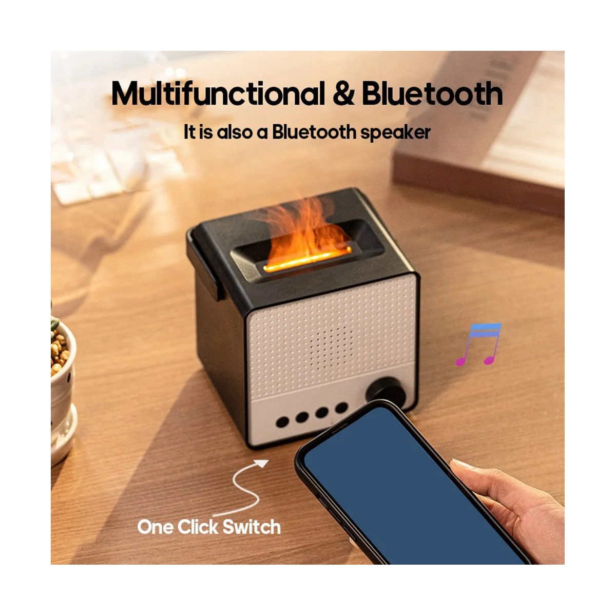 เครื่องกระจายกลิ่นเปลวไฟแบบพกพาไร้สายเครื่องเพิ่มความชื้นในอากาศ Essential เครื่องเล่นเสียงสีขาวเครื่องช่วยการนอนหลับลำโพง BT