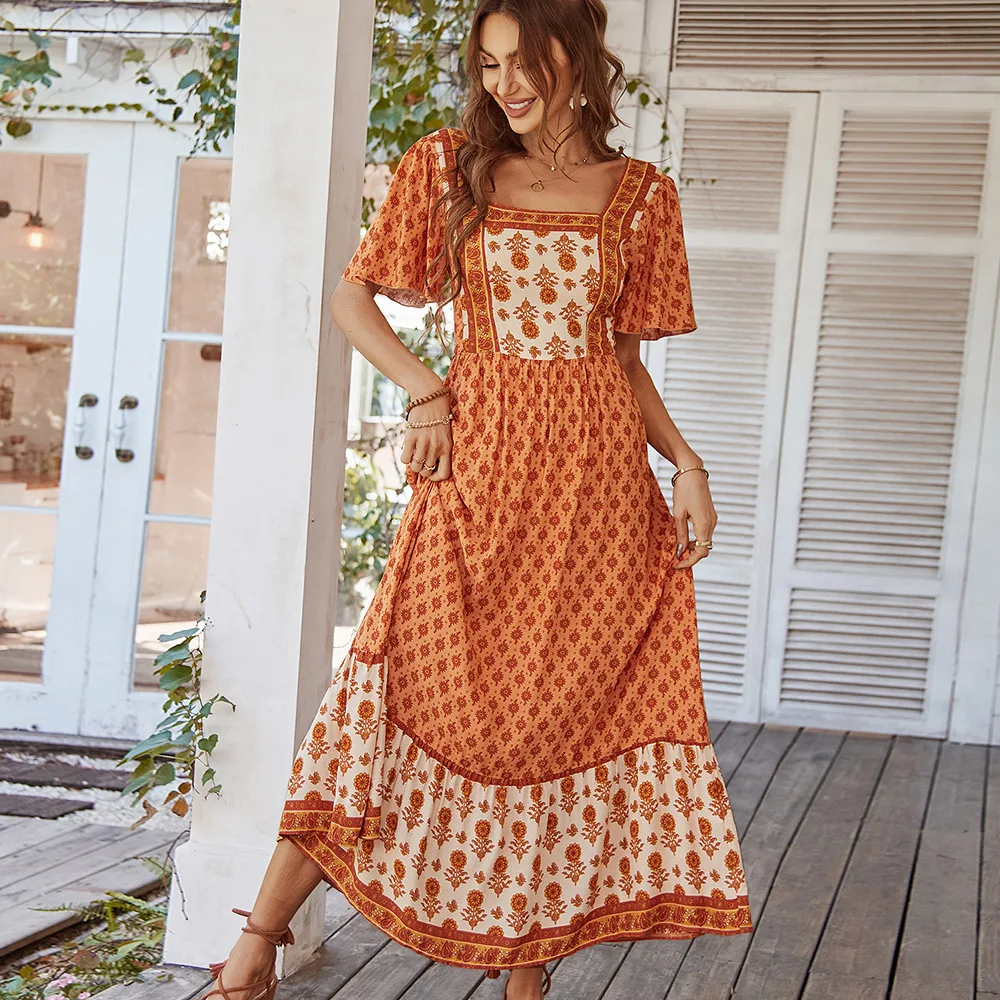 

Vintage Floral Print Square Collar Dresses Women's Summer Bohemian Style Dress Holiday Elegant Vacation Beach Maxi Dress