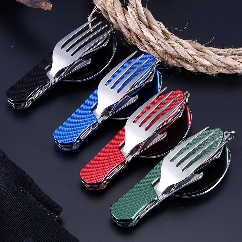 4 In 1 Outdoor Tableware Set Camping Cooking Supplies Stainless Steel Spoon Folding Pocket Kits Home Picnic Hiking Travel Tools