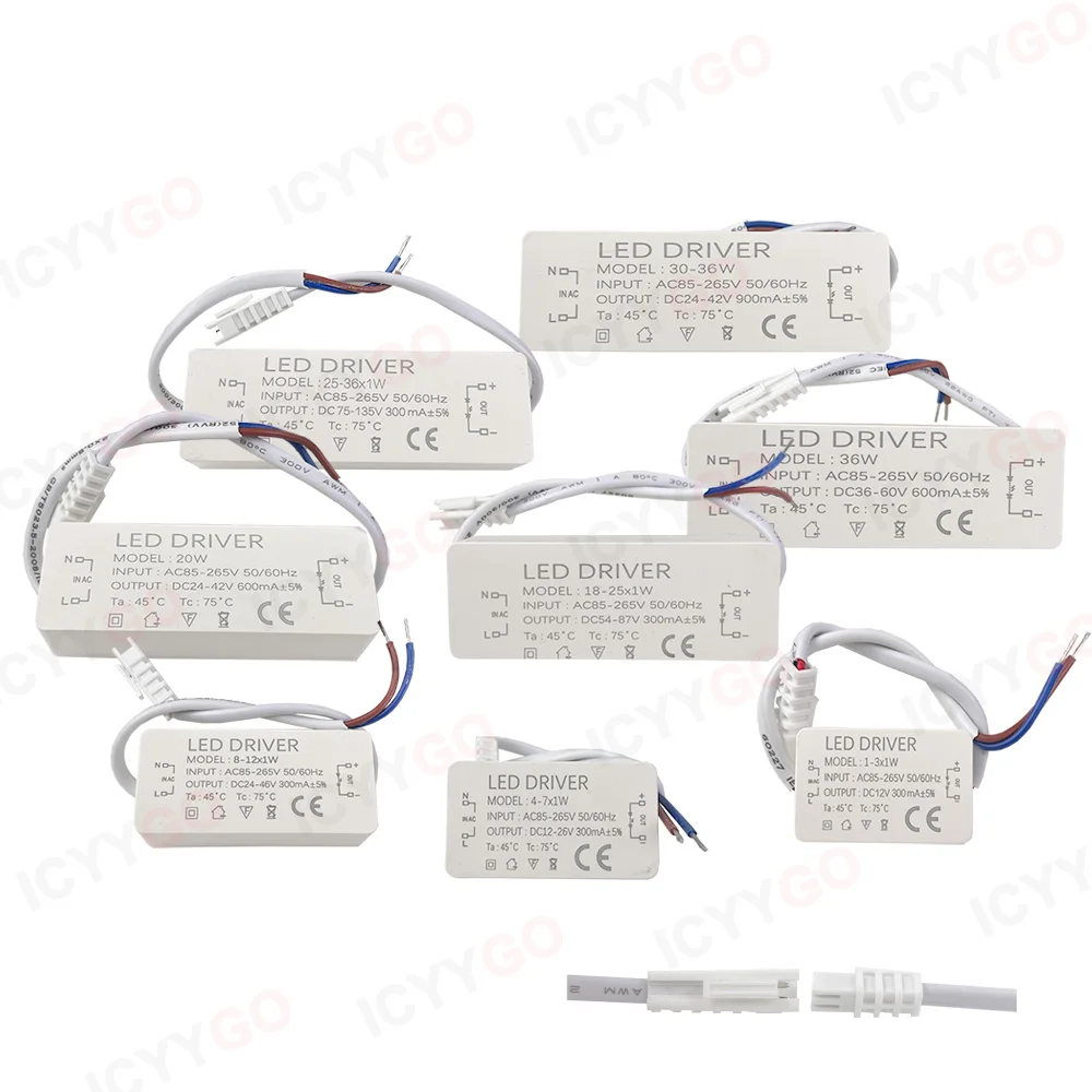 Driver de led 300ma 600ma 900ma 1-3w 4-7w 8-12w 18w 18-25w 25-36w led transformador de fonte de alimentação de unidade de corrente constante