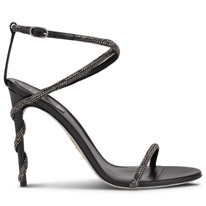 Diamond Strap Snake-Wrap Heel Stiletto Sandals Woman Summer 2023 Black Open Toe Buckle Hollow Sandals High Heel Shoes for Women