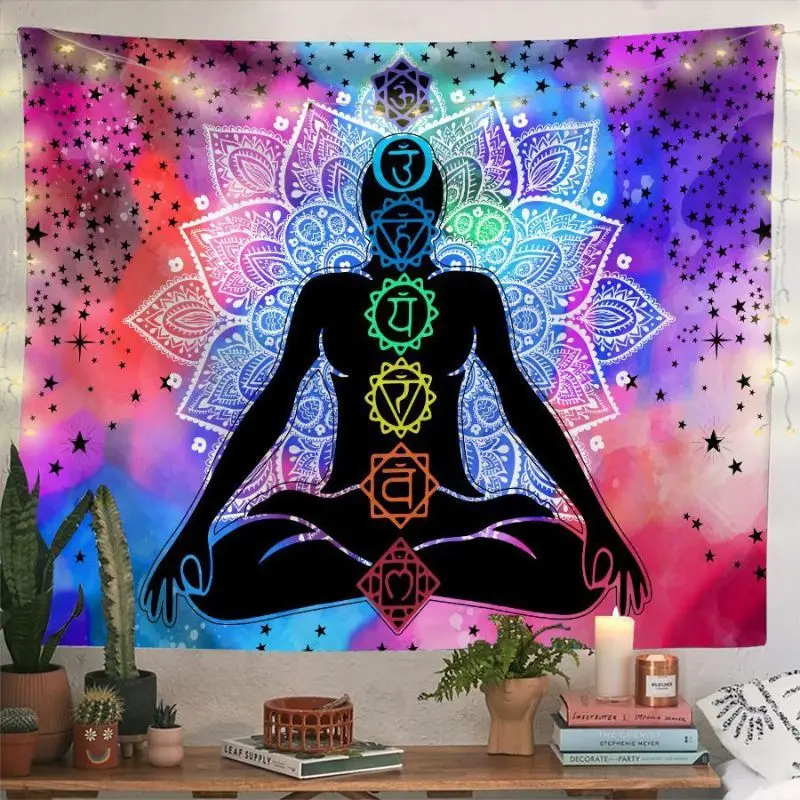 VIKAMA Chakra Meditation Tapestry, Psychedelic Spiritual Wall Hanging, Aesthetic Bedroom Dorm Yoga Room Decor