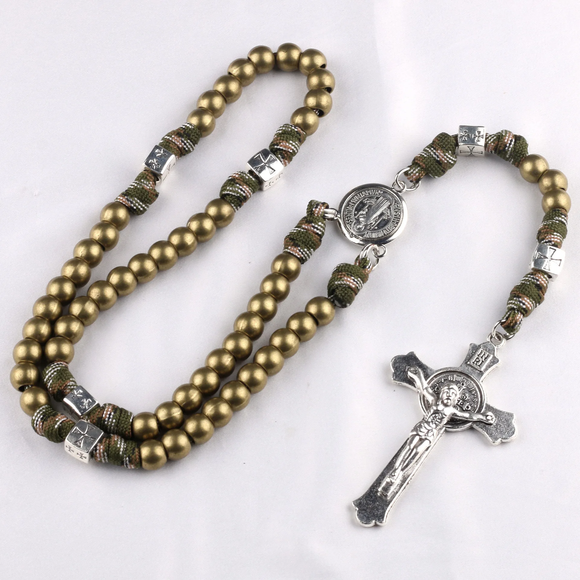 Vintage Alloy Cross Saint Benedict Pendants Exorcist Men's Braided Rope Cold Wind Prayer Bead Necklace Party Jewelry