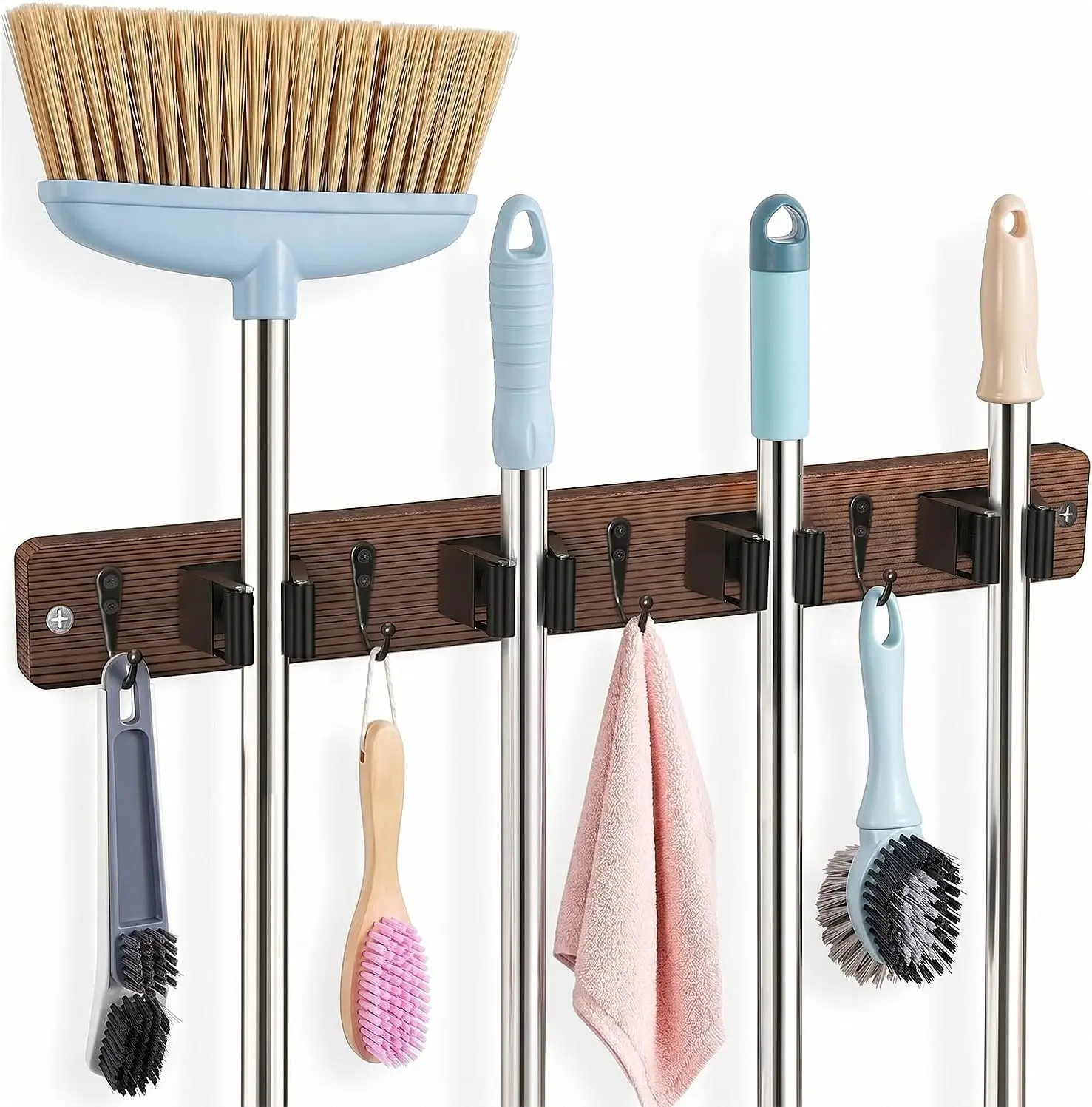 

Broom Holder Wall Mounted, 4 Holders and 4 Hooks Mop Holder, Wooden Mop and Broom Holder with Anti slip rubber, Natural pine wood Brush Holder, Mop Wall Holde with Nail installation, Room Storage