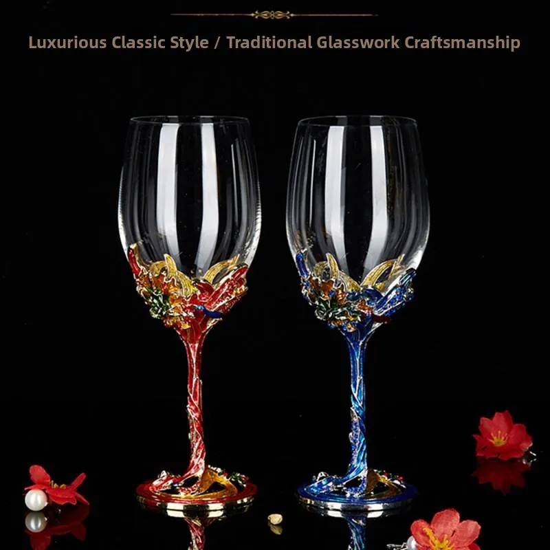 

Elegant European Enamel Red Wine Glasses Crystal Decanter Set High Footed Creative Vintage Home Use Luxury Wine Cups
